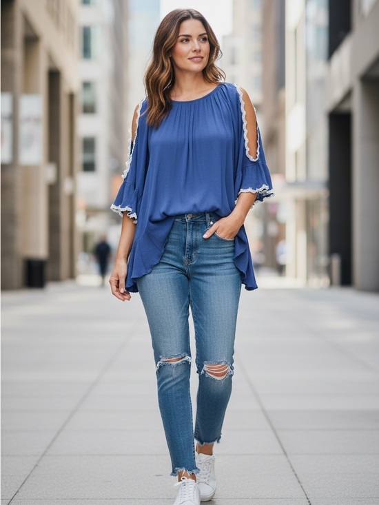 Paisley Vine Tops - Paisley Vine Blue Cold-Shoulder Ruffle Trim Oversized Boho Tunic Top